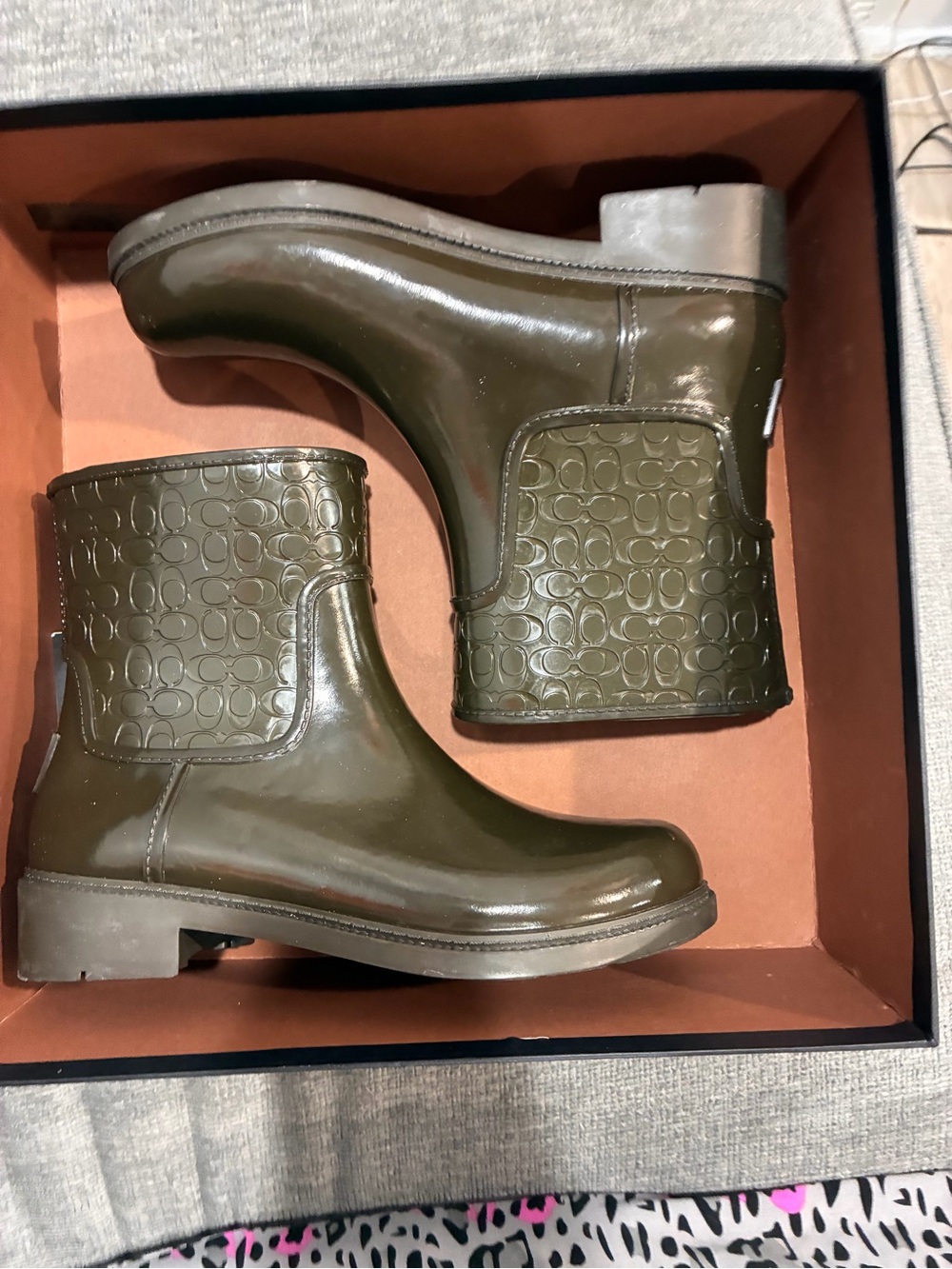 Coach Olive Green Signature Embossed Rain Ankle Boots